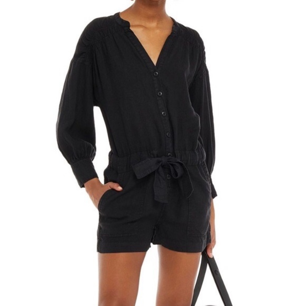 Joie Bosworth 100% Linen Button Front Tie Waist Split Neck Black Romper Size XS